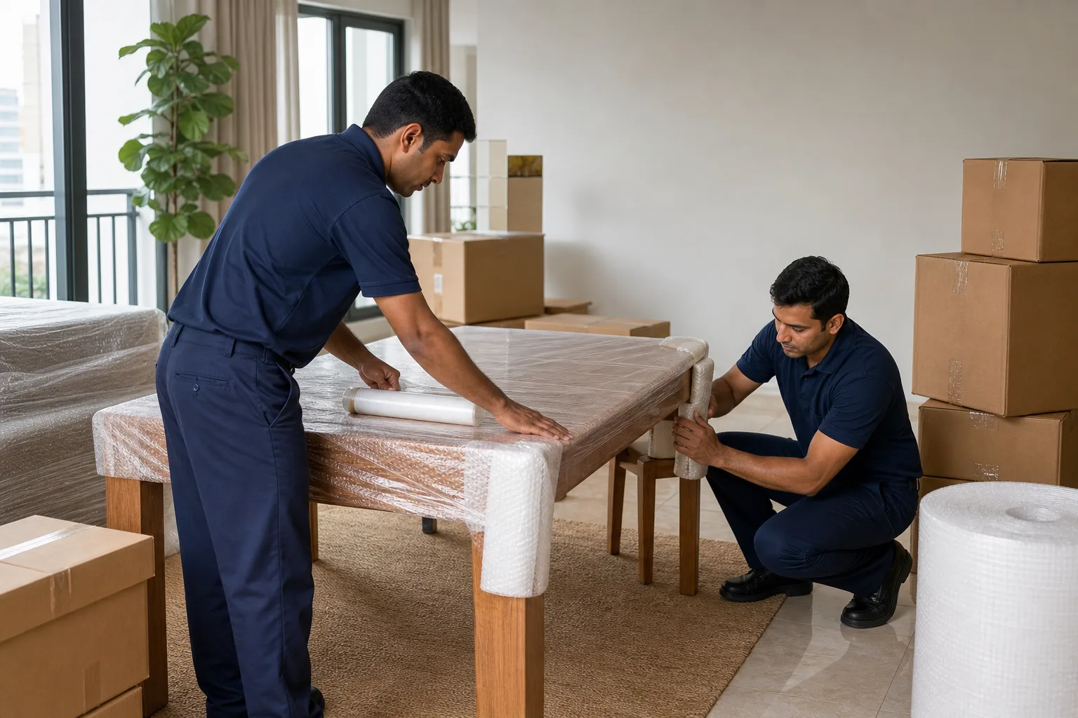 Professional movers preparing furniture for relocation
